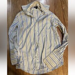 Banana Republic Stripe Dress Shirt Cuff Link Size S 14-14 1/2 Olive/Yellow/White